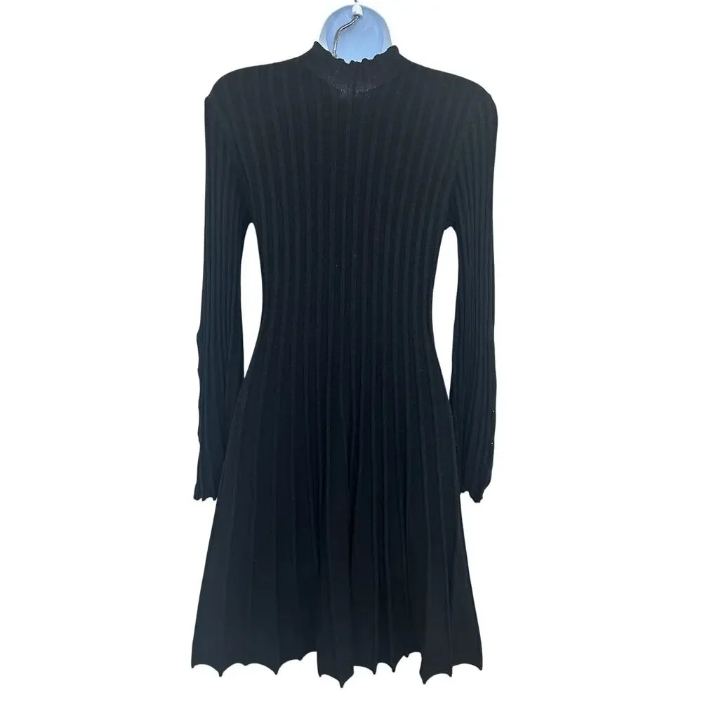 Maje Black Ribbed Knit Mini Dress SMALL Career Fit Flare Long Bell Sleeve $300 - Picture 7 of 13